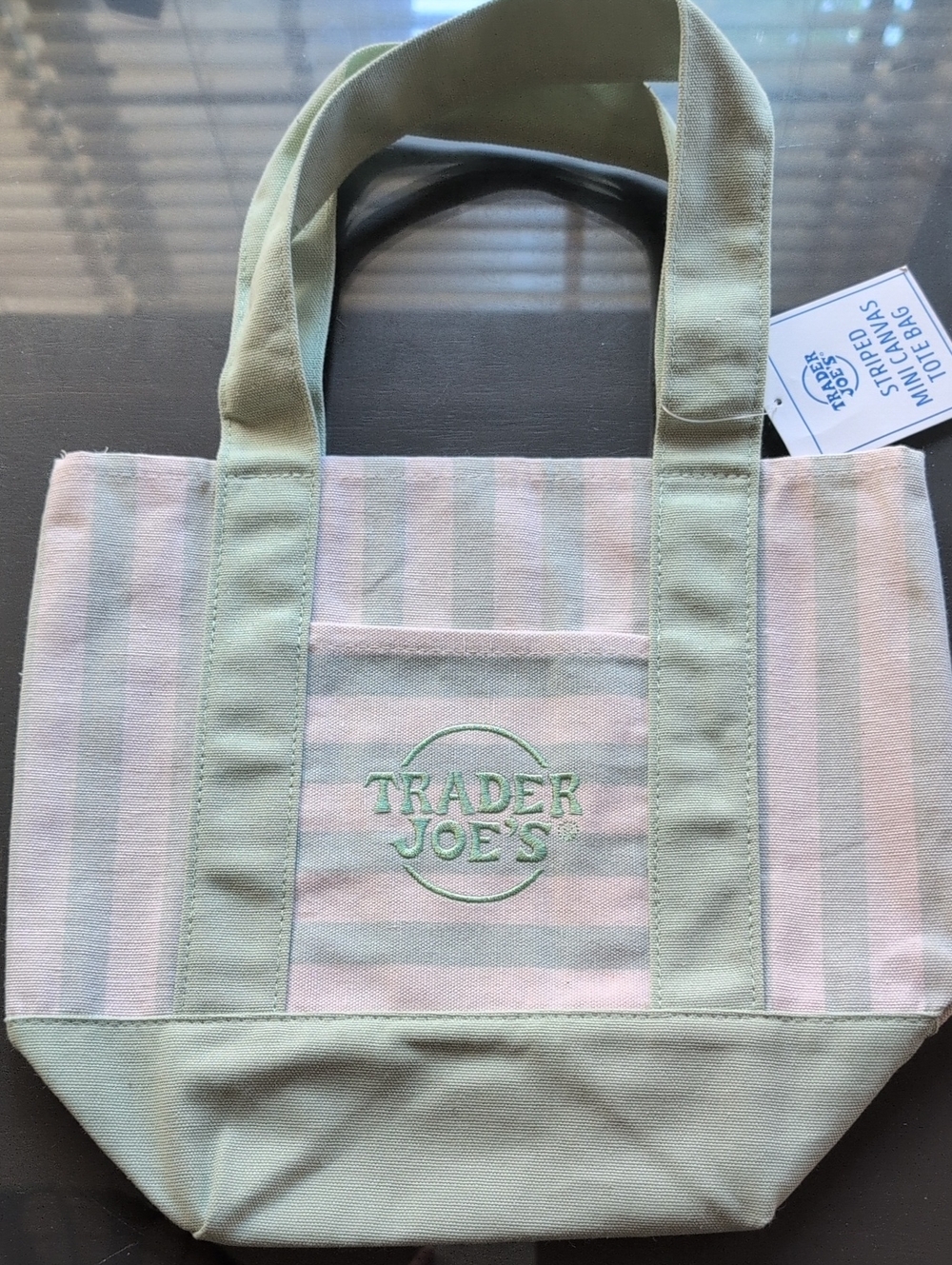 Trade Joe's Green Stripe Canvas Mini Tote Bag 13.25" × 10.25" NWT